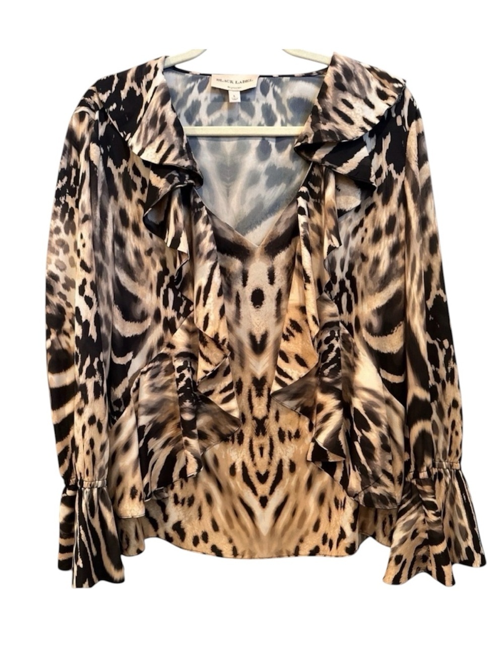 Black Label by Chico’s Leopard Print V Neck Bell Sleeve Ruffle Blouse Sz L